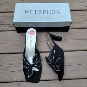 Vintage 90s y2k Black Satin Fabric Bling Rhinestone Prom Formal‎ Slide Heels 10